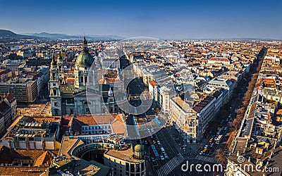 Budapest, Hungary - Aerial view of St.Stephen`s basilica with Andrassy street and Bajcsyâ€“Zsilinszky street Stock Photo